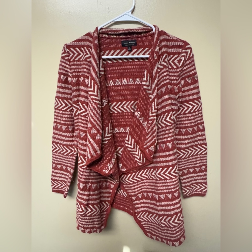 Lucky Brand Sweater Womens Small Red White Cotton Chevron LS Open Front Cardigan